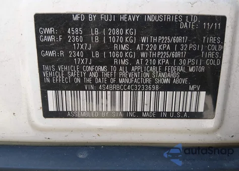 2012 Subaru Outback 2.5I Premium z USA, uszkodzony, nr VIN 4S4BRBCC4C3233698